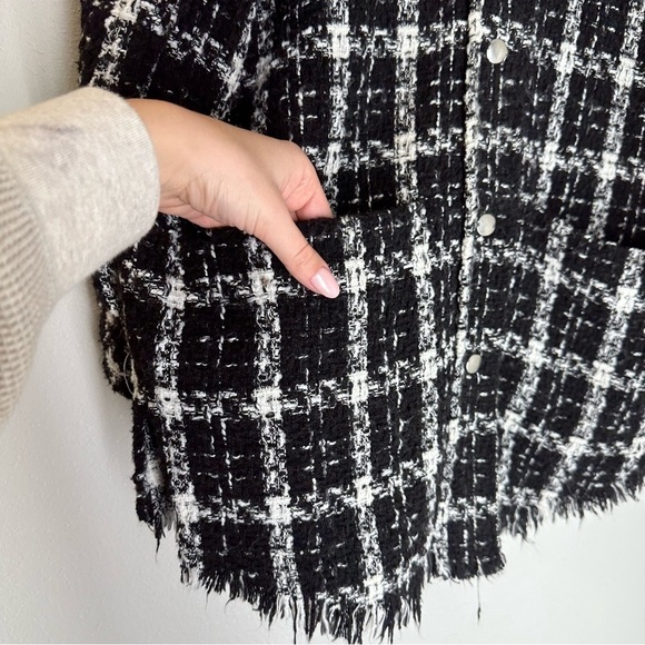ZARA Tweed Plaid Raw Hem Shirt Jacket Shacket Black White Snap Buttons Size XS - Picture 9 of 11